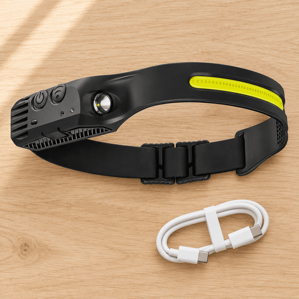 Wayglow headband torch flat on a wooden surface beside its white USB-C charging cable