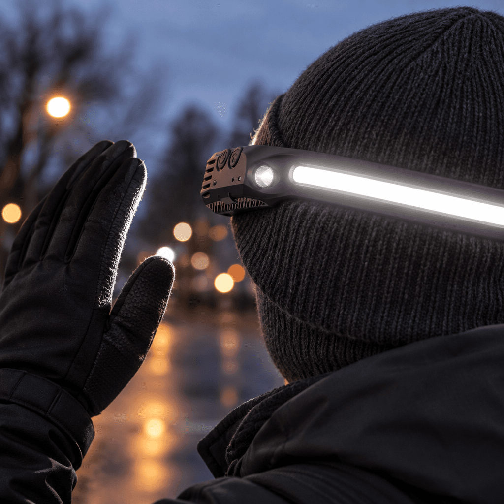 Wayglow worn over a beanie at dusk, single wide light bar glowing, a gloved hand waving to switch it on