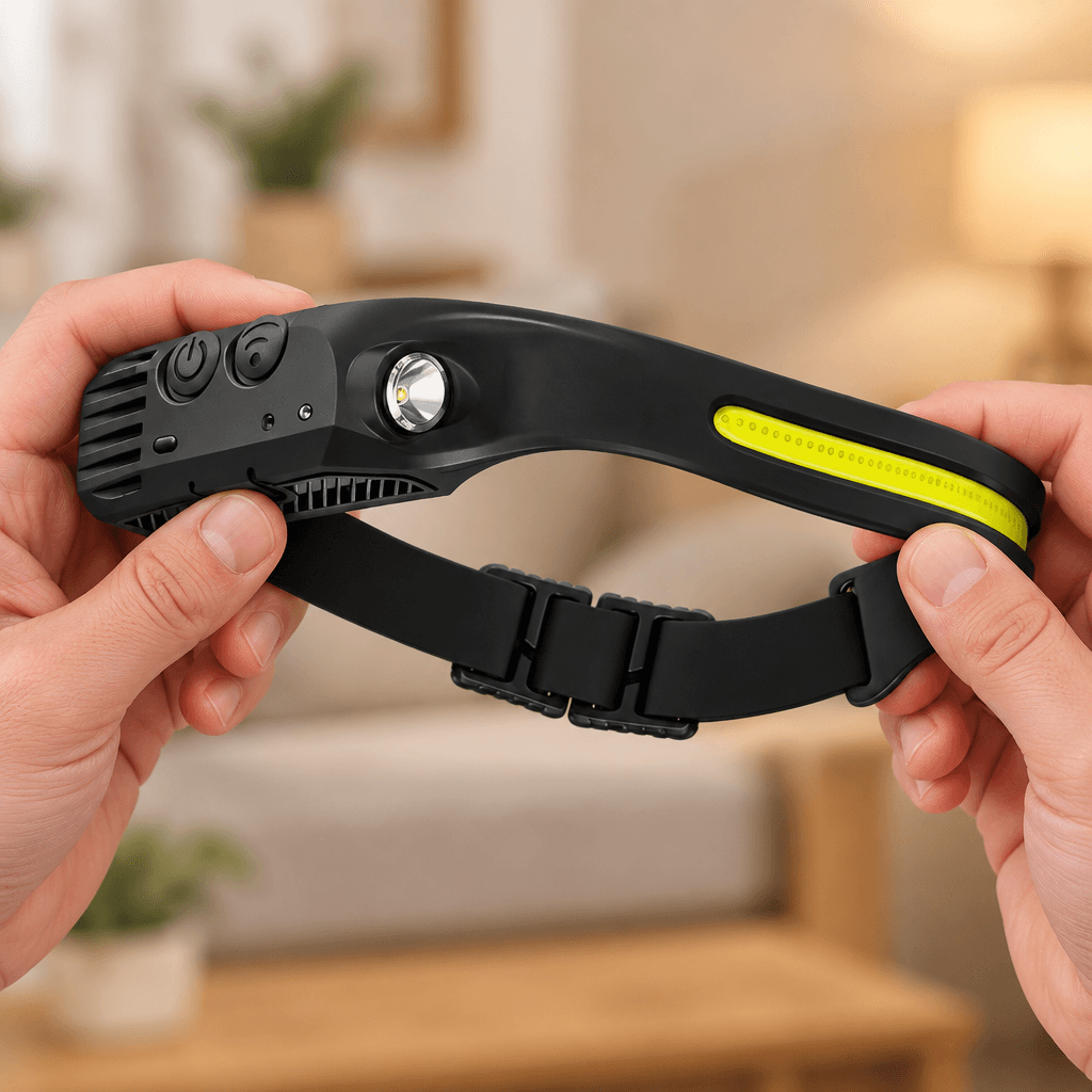 Two hands flexing the soft silicone band of the Wayglow headband torch