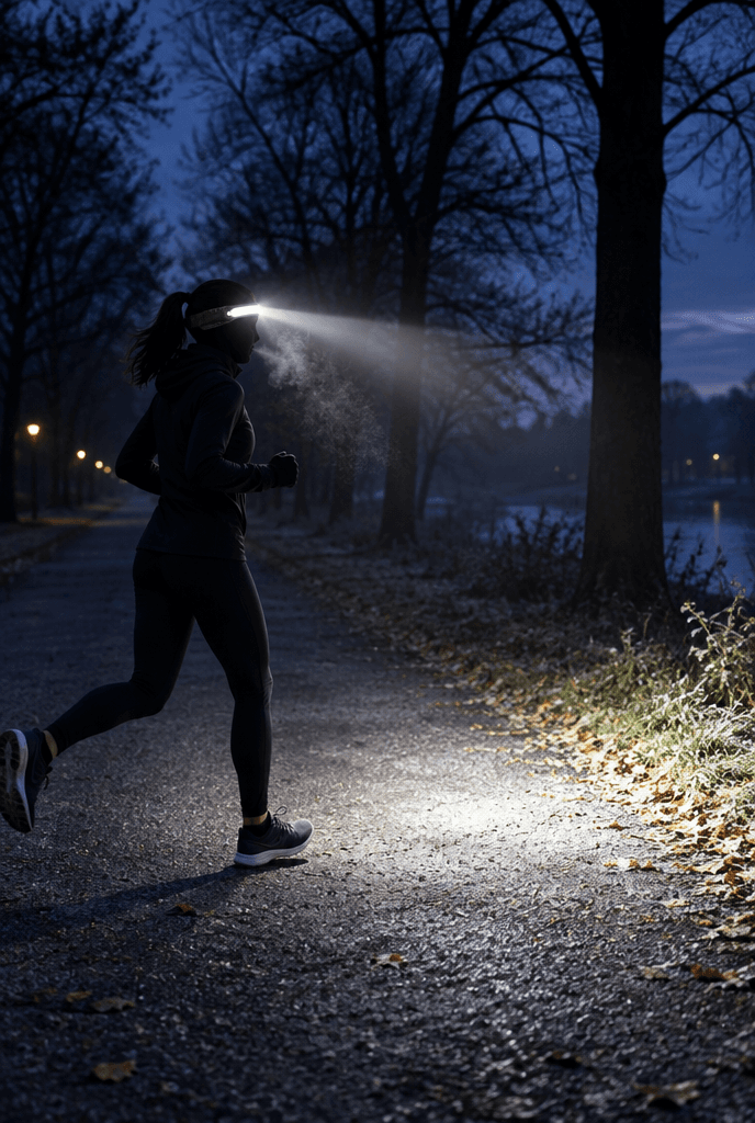 Runner on a dark tree-lined path with the Wayglow beam lighting the way